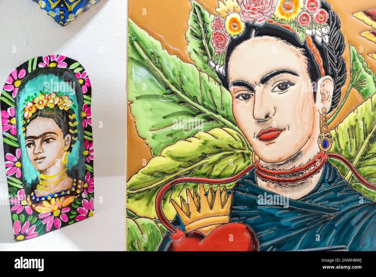 San Miguel de Allende Guanajuato Mexico,Fabrica la Aurora,art design center,painted tile,handicraft,Frida Kahlo portrait,inside interior indoors,store Stock Photo
