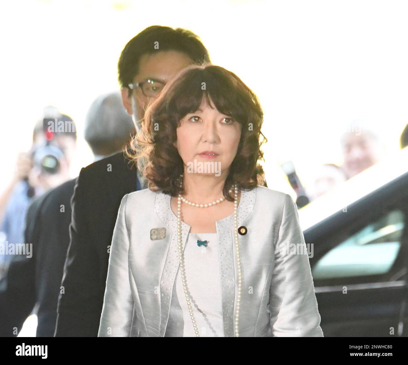 Japan's new Minister of State for Regional Revitalization Satsuki Katayama  arrives at Prime Minister's office in Tokyo on Oct.2, 2018. Abe retains key  ministers such as Deputy Prime Minister and Finance Minister