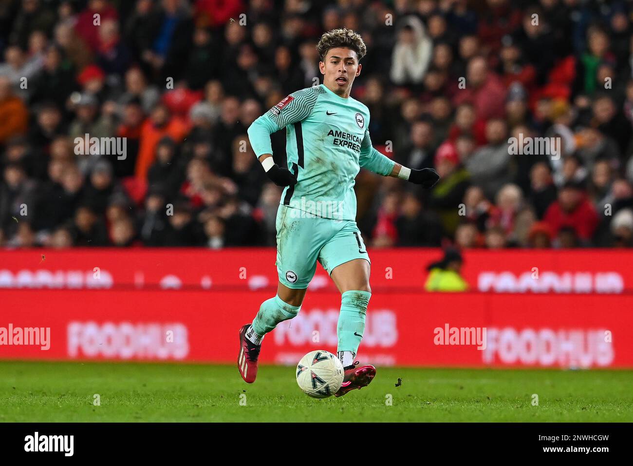 Jeremy Sarmiento #19 of Brighton & Hove Albion  in action during the game during the Emirates FA Cup Fifth Round match Stoke City vs Brighton and Hove Albion at Bet365 Stadium, Stoke-on-Trent, United Kingdom, 28th February 2023  (Photo by Craig Thomas/News Images) Stock Photo