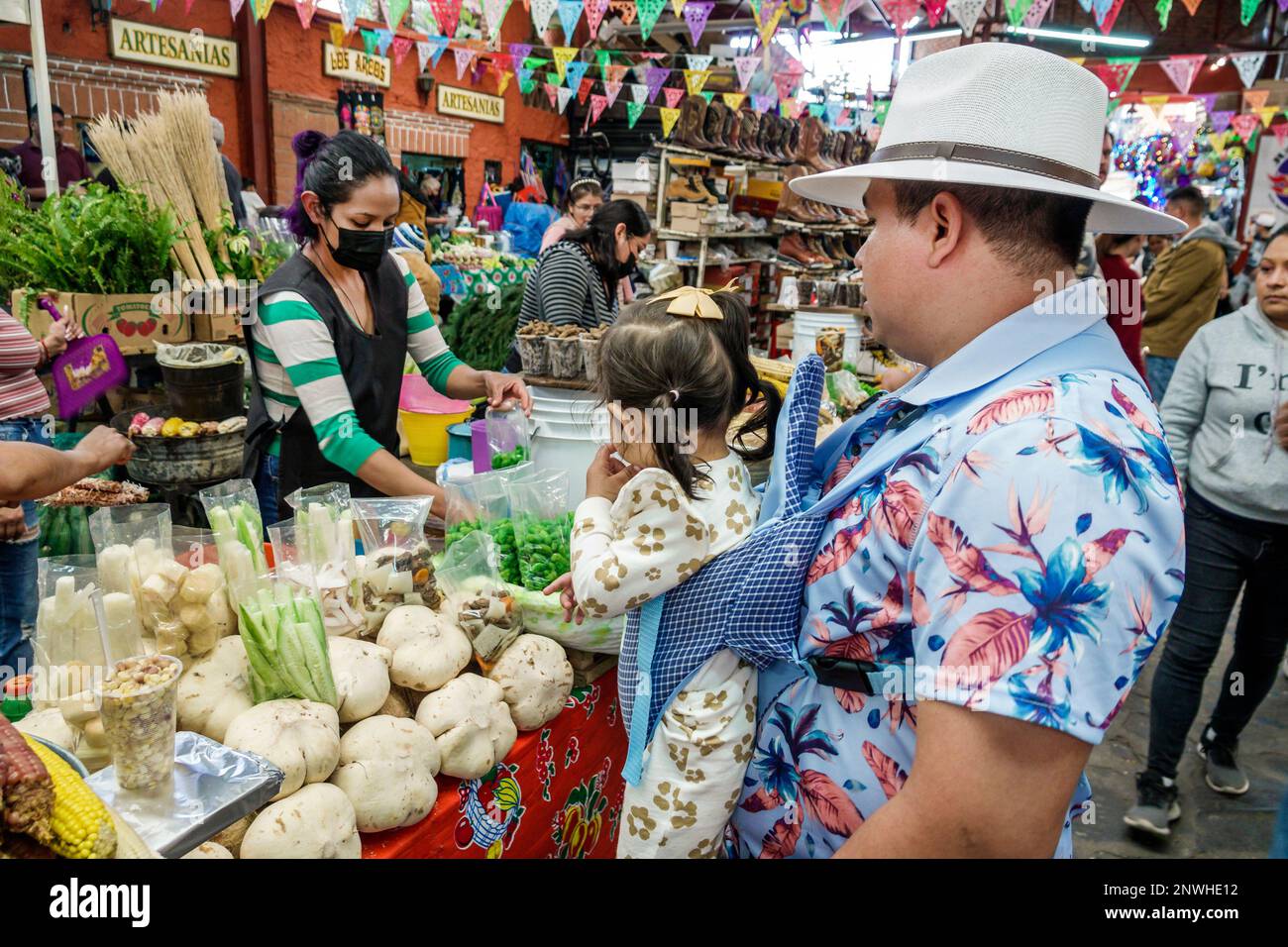 San Miguel de Allende Guanajuato Mexico,Historico Central historic center Zona Centro,Mercado San Miguel Market,vegetables,wearing hat fedora,baby car Stock Photo