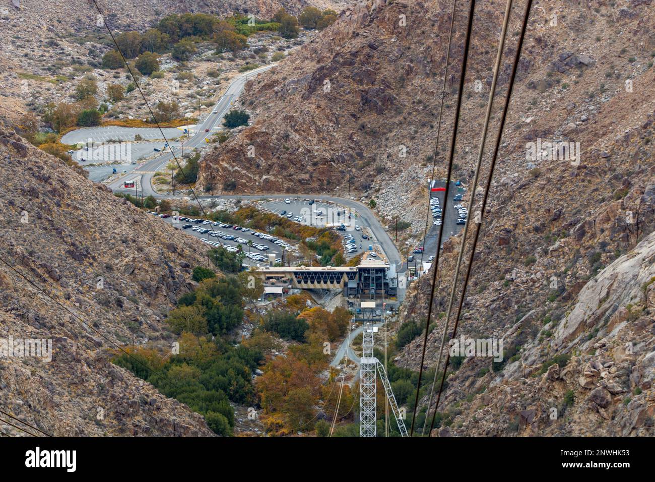 Aerial tramway leading up to Mount San Jacinto at sunset in Palm Springs. Stock Photo