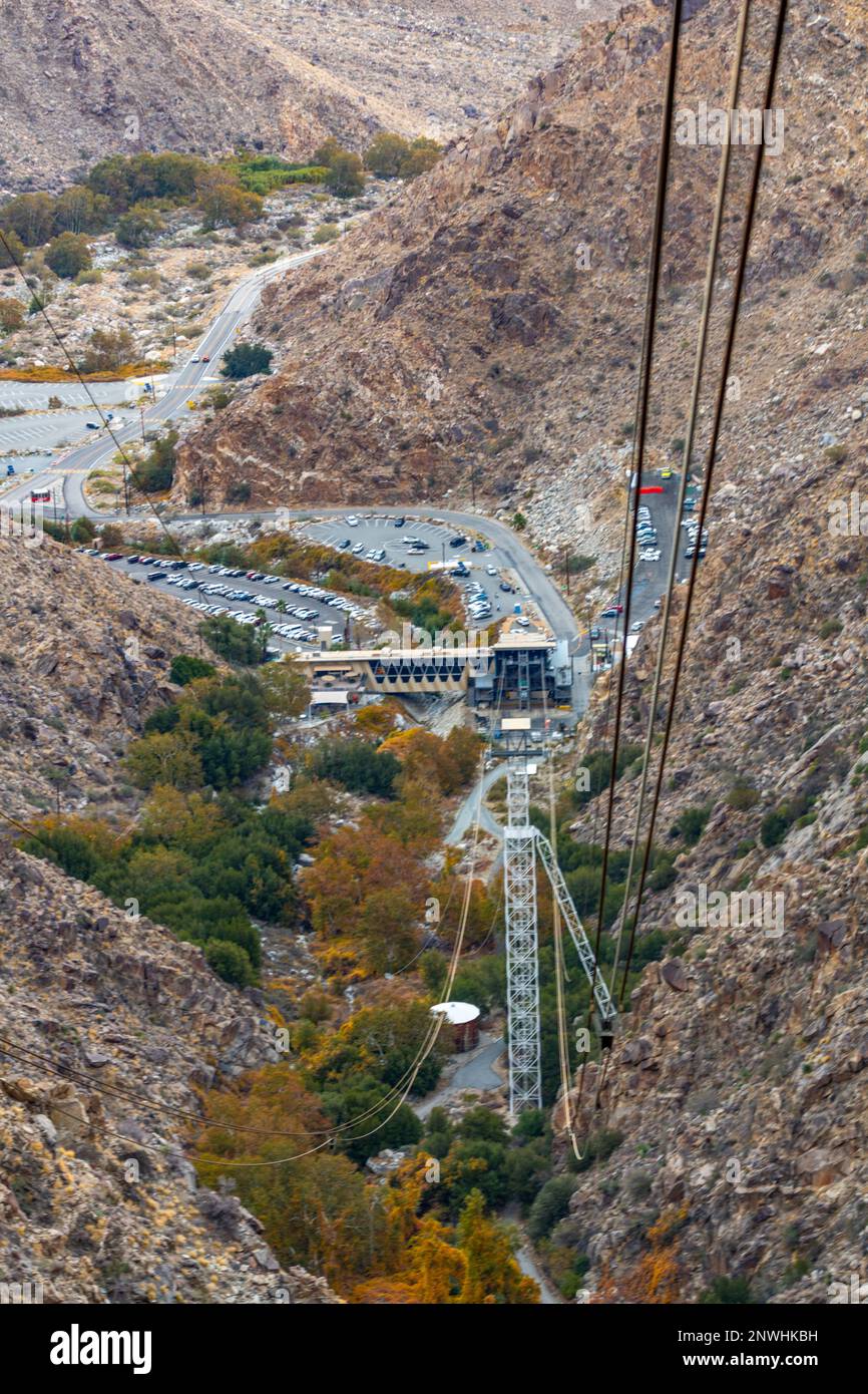 Aerial tramway leading up to Mount San Jacinto at sunset in Palm Springs. Stock Photo
