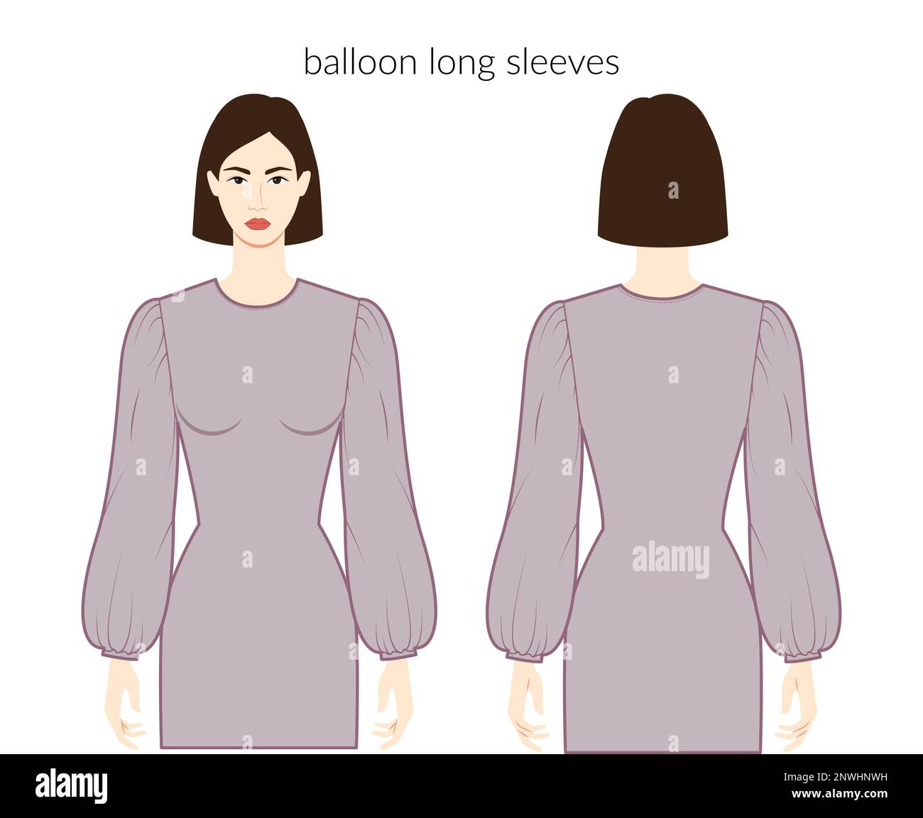 Balloon sleeves melon long length clothes lady in grey top, shirt, dress dresses, tops, shirts technical fashion illustration with fitted body. Flat apparel template. Women, men unisex CAD mockup Stock Vector