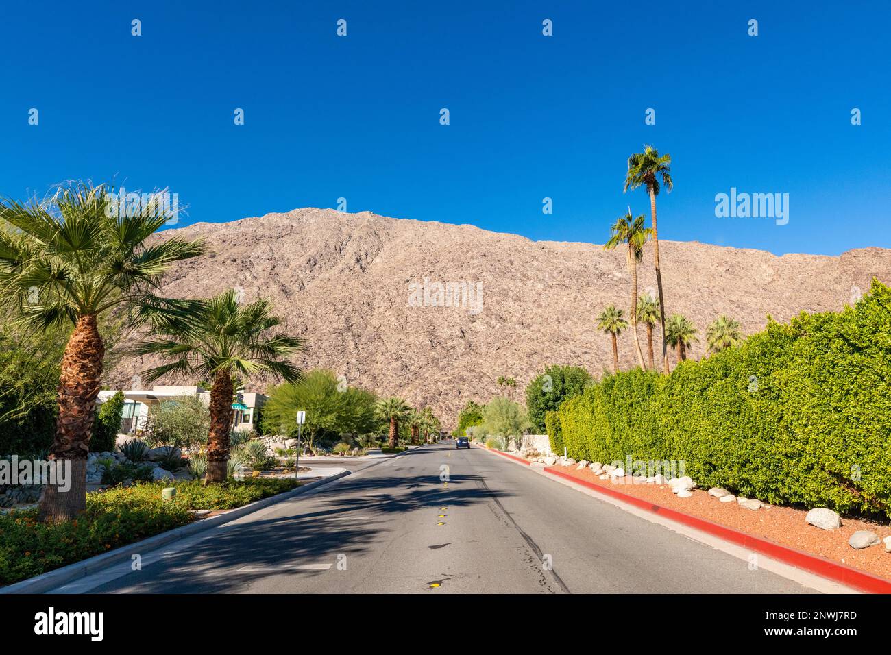 City streets of Palm Springs in the fall on a beautiful blue sky day in downtown. Stock Photo