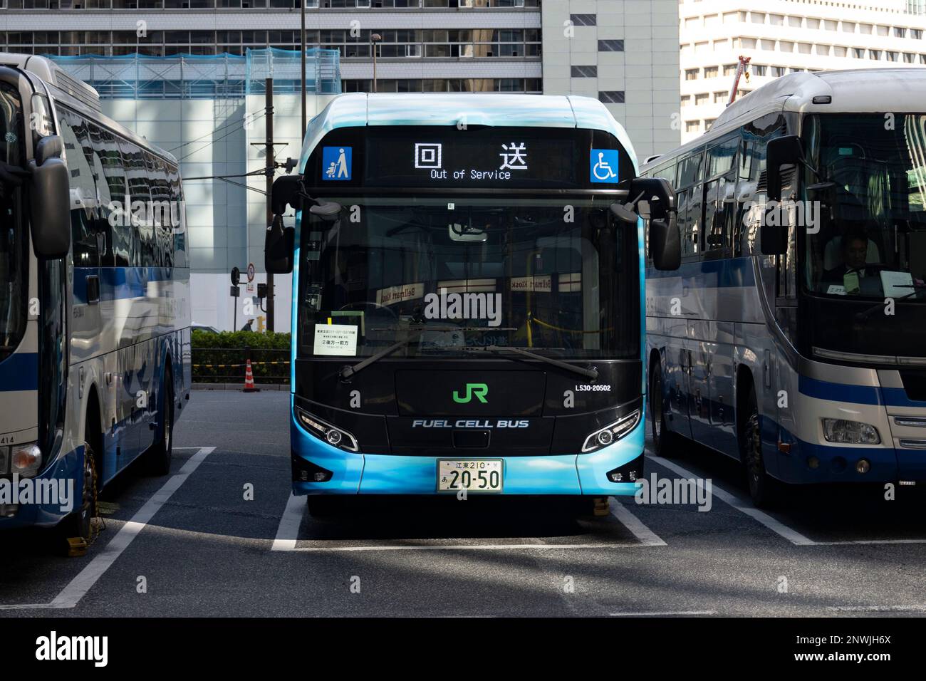 Tokyo, Japan. 28th Feb, 2023. A JR East Kanto Fuel Cell bus at the modern Nihombashi entrance to