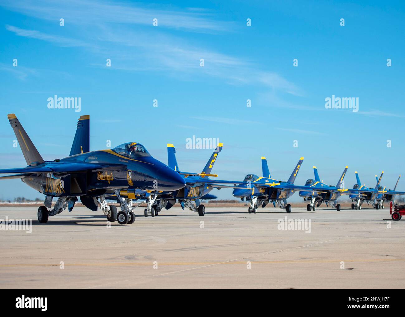 U.S. Navy Flight Demonstration Squadron, the Blue Angels arrive at Naval Air Facility (NAF) El Centro. The Blue Angels are currently conducting winter training at NAF El Centro, California, in preparation for the upcoming 2023 air show season. Stock Photo