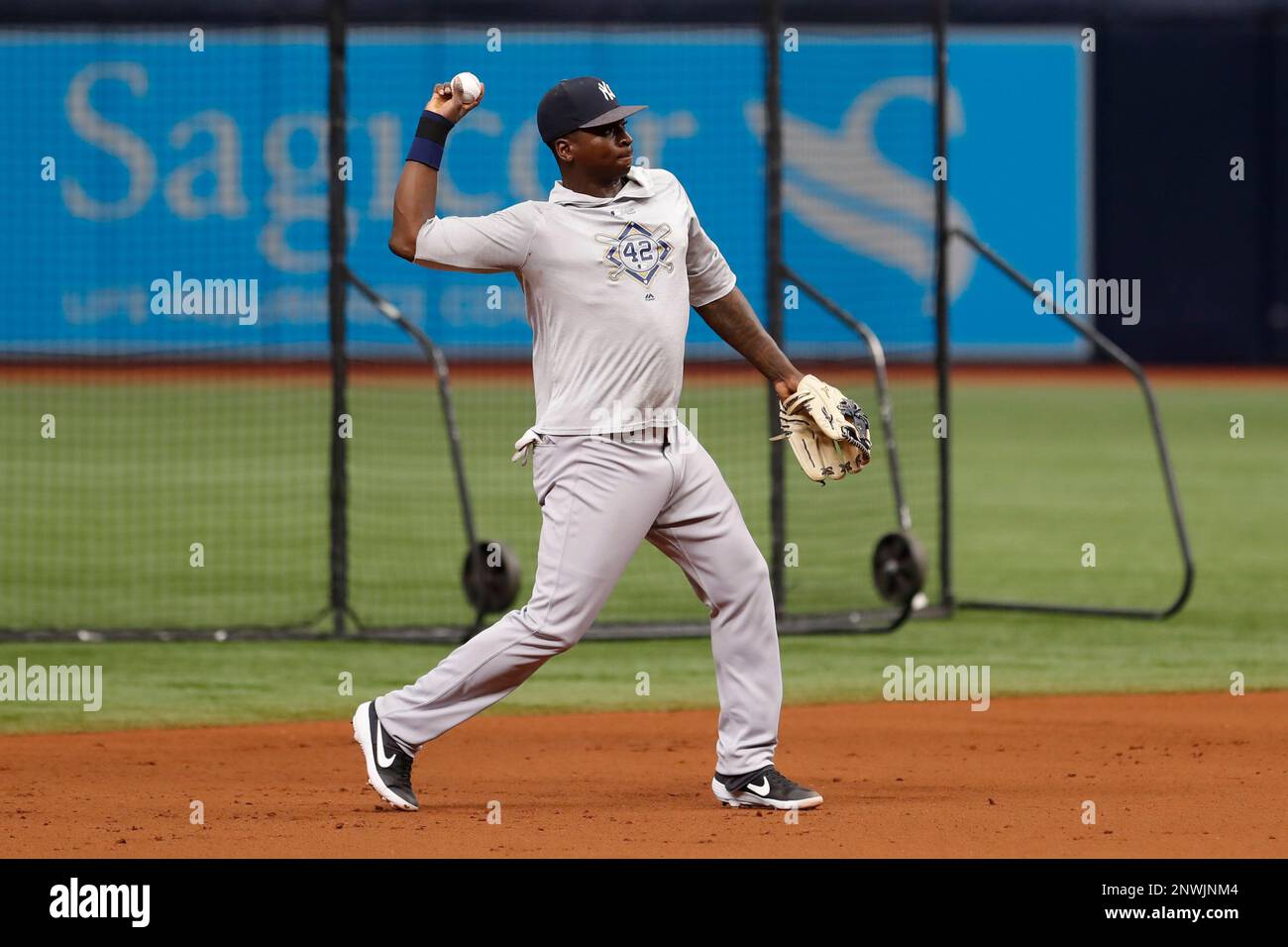 ST. PETERSBURG, FL - SEPTEMBER 27: New York Yankees shortstop Didi Gregorius (18) takes ground balls before the regular season MLB game between the New York Yankees and Tampa Bay Rays on September 27, 2018 at Tropicana Field in St. Petersburg, FL. (Photo by Mark LoMoglio/Icon Sportswire) (Icon Sportswire via AP Images) Stock Photo