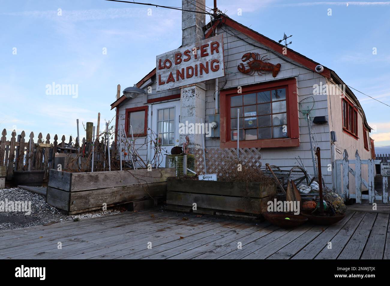 View of Lobster Landing in Clinton, Connecticut, USA. Photo shows the
