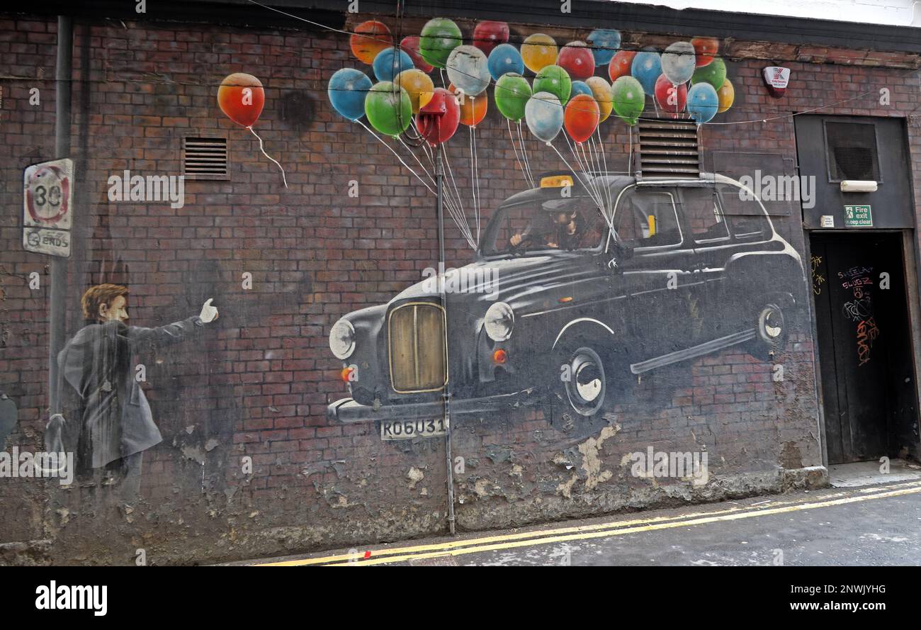 Old Rogue One Floating Taxi, public art black cab, 2013, Mitchell St / off Argyle Street, Glasgow, Scotland, G1 3NA - artpistol projects Stock Photo