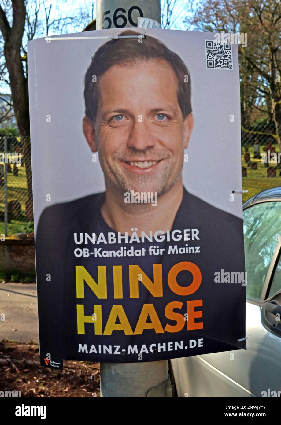 Mayoral campaign poster for non-party Nino Haase, Feb 2023 OB-Kandidat fur Mainz, Unabhangiger, Mainz-Machen.de, Rhineland-Palatinate Stock Photo