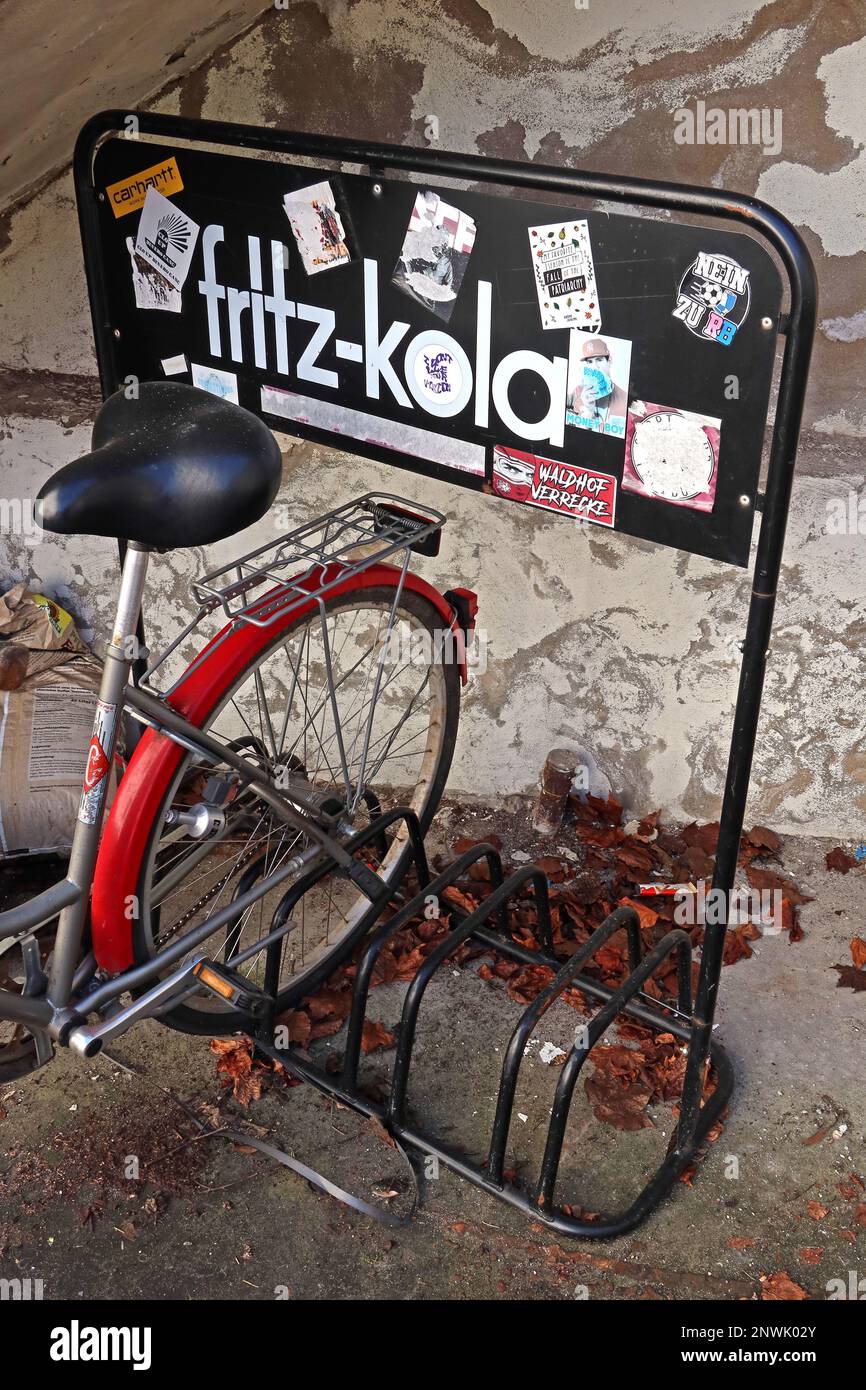 Fritz-Kola cycle bike stand, Mainz, Rhineland-Palatinate  , Germany Stock Photo