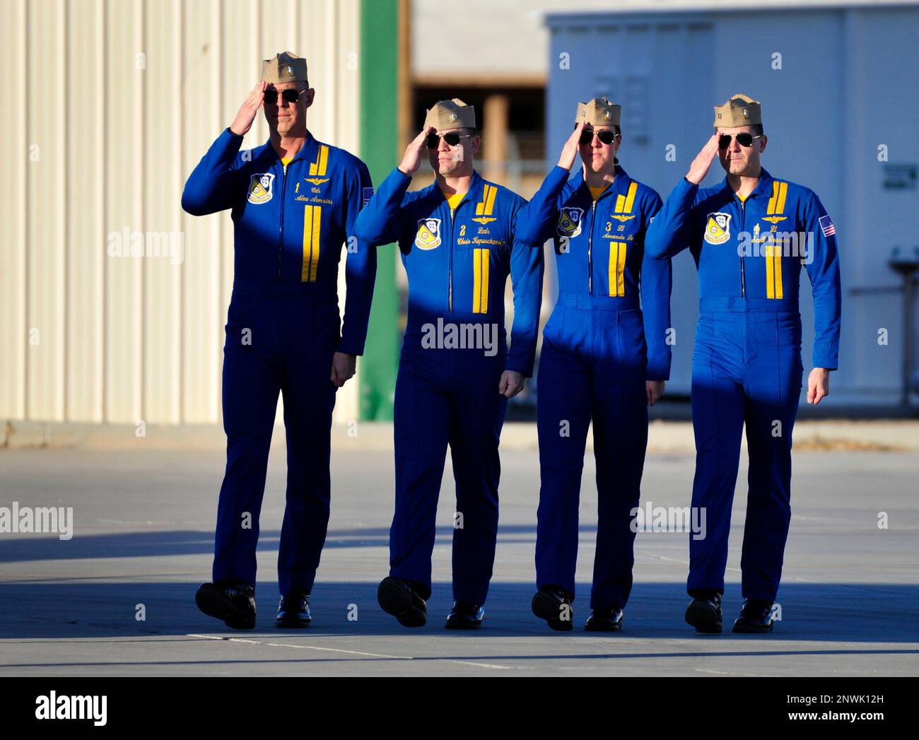 U.S. Navy Flight Demonstration Squadron, the Blue Angels, pilots render a salute during the walk down prior to a training flight over Naval Air Facility (NAF) El Centro. The Blue Angels are conducting winter training at NAF El Centro, California, in preparation for the 2023 show season. Stock Photo