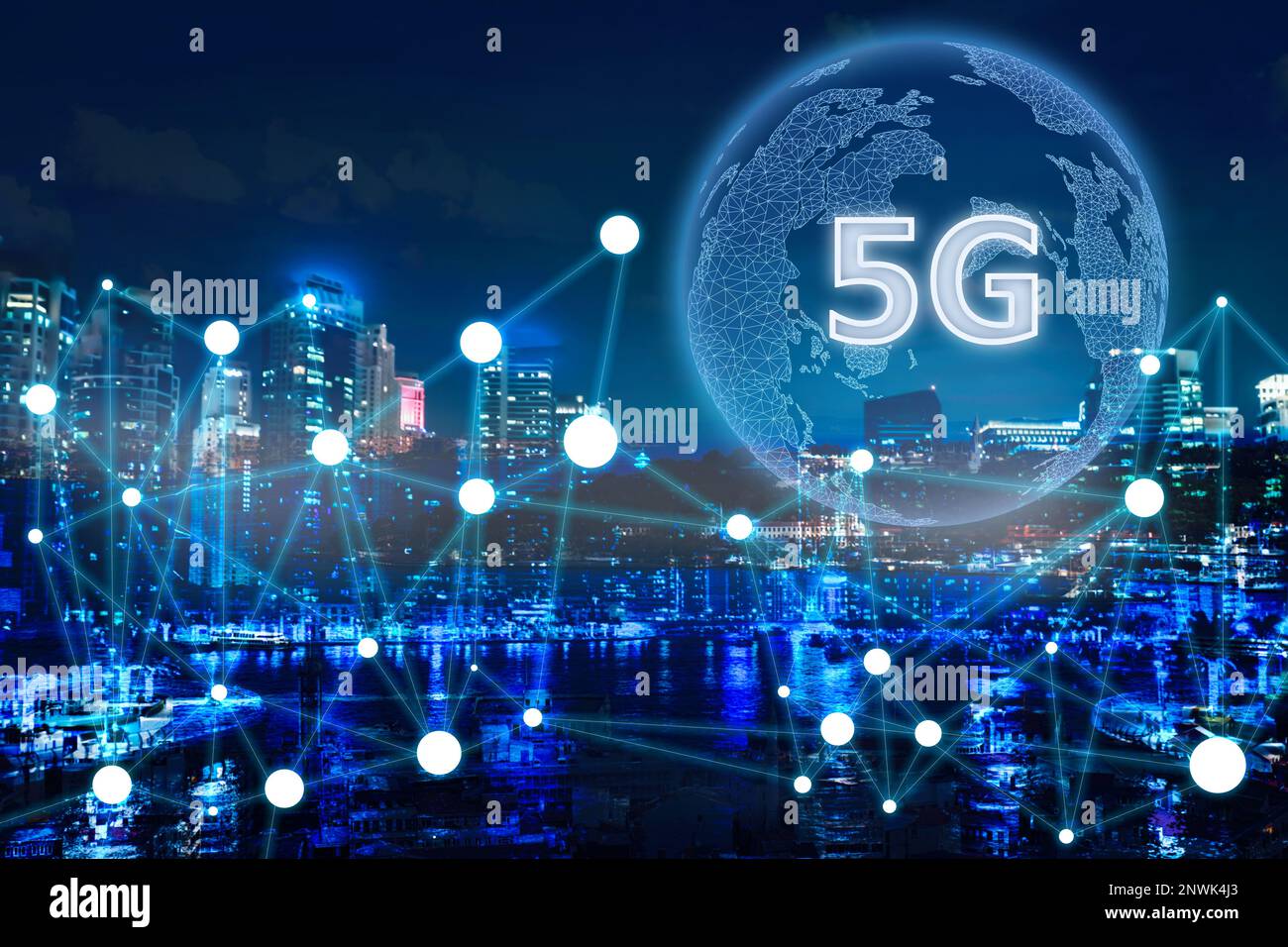 5G network wireless system. Beautiful cityscape and network connection ...
