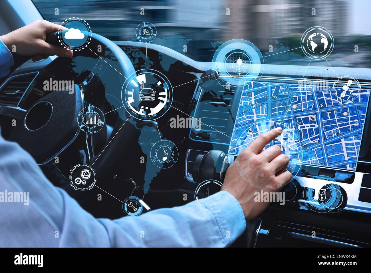 Man using navigation system while driving car, closeup Stock Photo Alamy