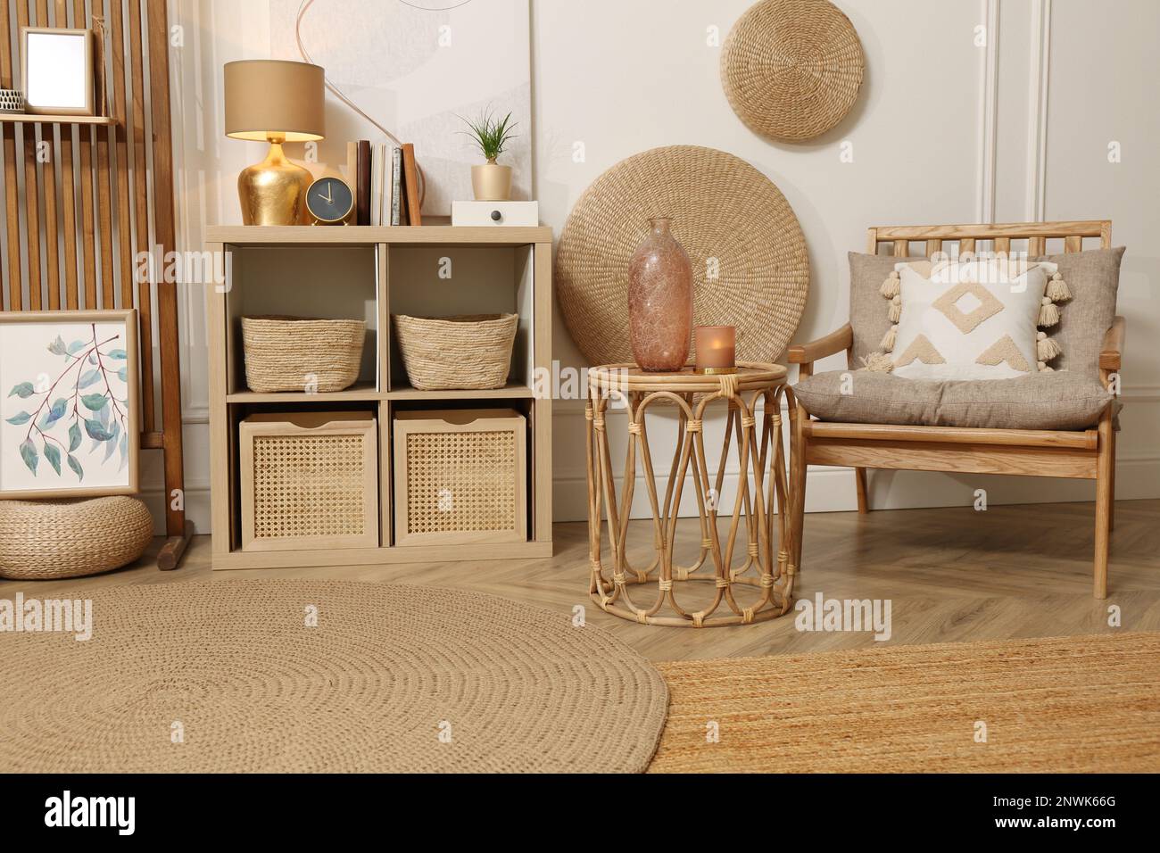 Stylish living room interior with ethnic boho decor Stock Photo - Alamy