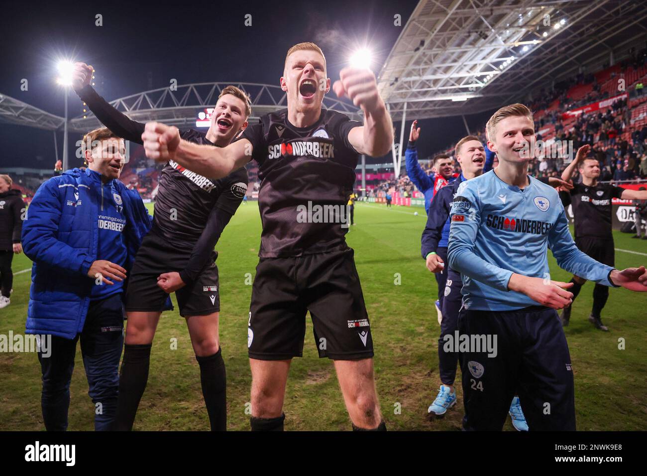 UTRECHT, NETHERLANDS - FEBRUARY 28: Hero van Lopik of SV Spakenburg, Nick Verhagen of SV Spakenburg, Goalkeeper Thomas van den Akker of SV Spakenburg (24) celebrating the 1-4 win on FC Utrecht during the Dutch TOTO KNVB Cup Quarter Finals match between FC Utrecht and SV Spakenburg at Stadion Galgenwaard on February 28, 2023 in Utrecht, Netherlands (Photo by Ben Gal/Orange Pictures) Stock Photo