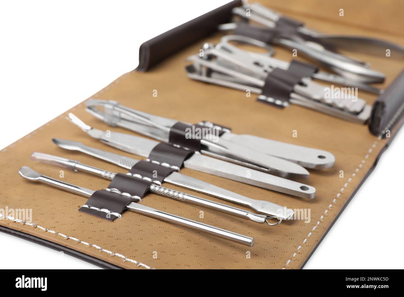 Manicure set in case on white background, closeup Stock Photo