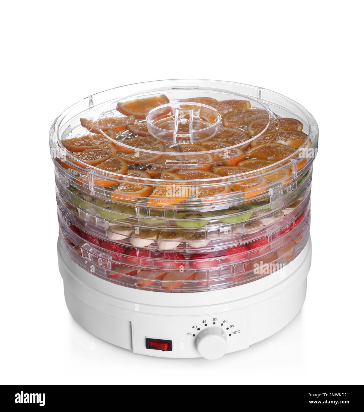 Dehydrator machine with different fruits and berries isolated on white