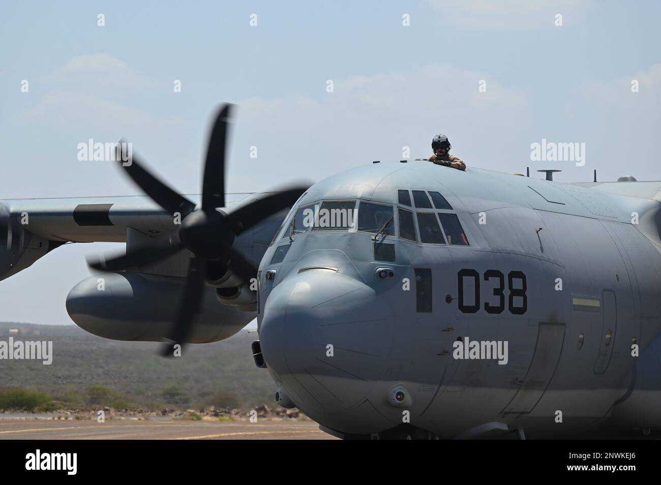 A U.S. Marine Corps KC-130J taxis to the refueling site in support of a simulated Forward Arming and Refueling Point (FARP) exercise at Chabelley Airfield, Djibouti, Feb. 22, 2023. The ability of a Joint Force Commander to move their forces fluidly across the theater to seize, retain and utilize initiatives against an adversary is key to ensuring readiness and resilience, and protecting assets and personnel. (U.S. Air Force photo by Tech. Sgt. Jayson Burns) Stock Photo