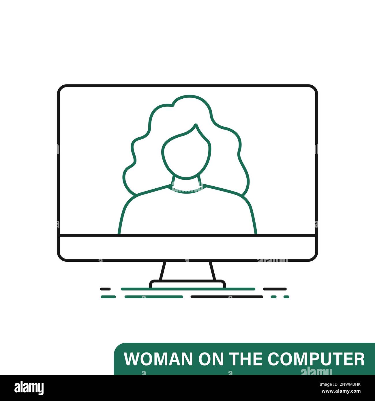 Woman on the computer. Line flat icon Stock Vector