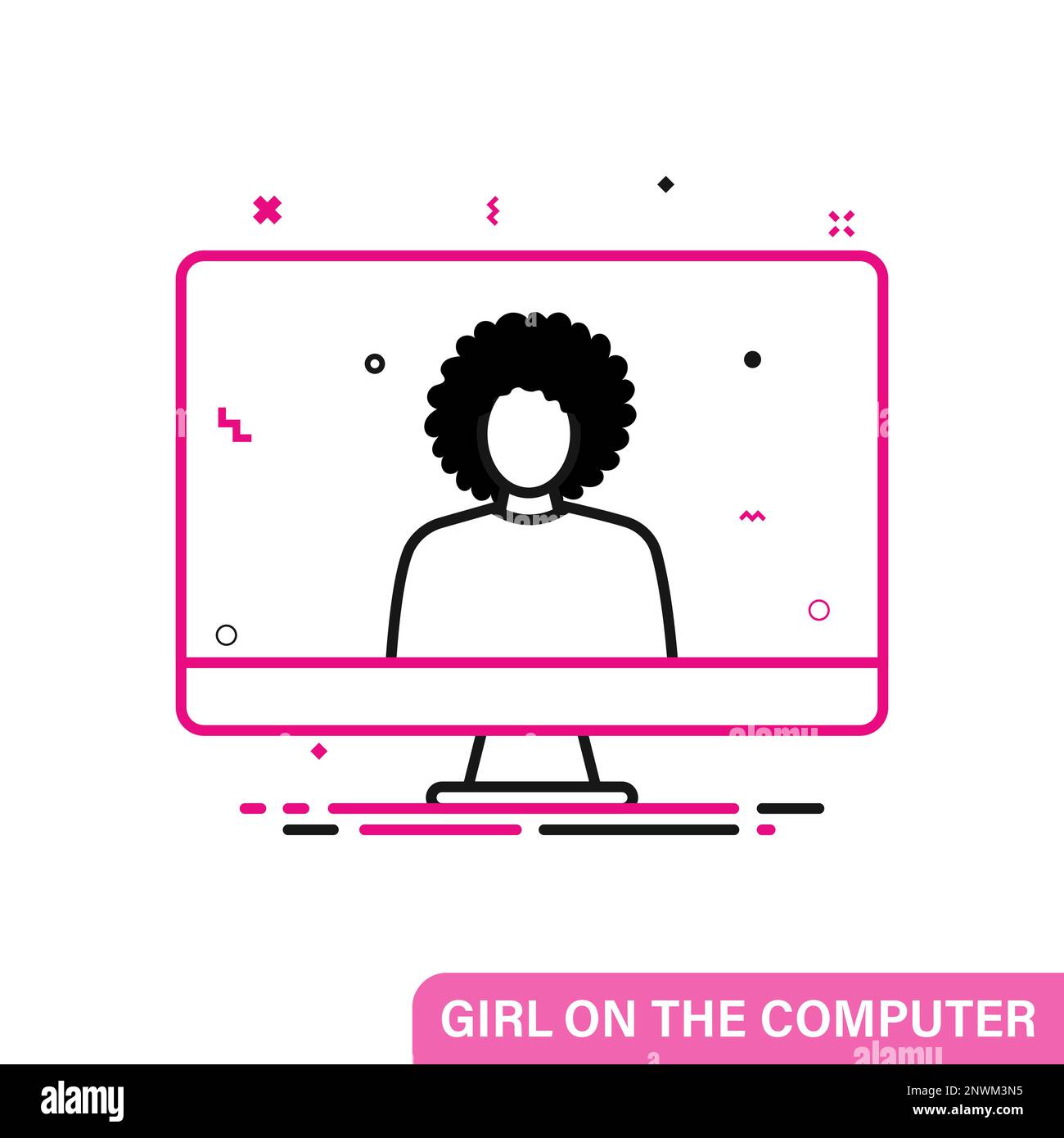 Woman on the computer. Line flat icon Stock Vector