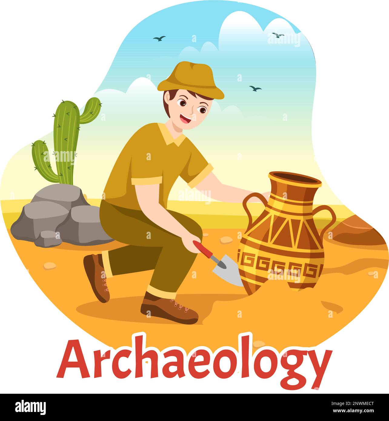 Archeology Illustration with Archaeological Excavation of ancient Ruins, Artifacts and Dinosaurs Fossil in Flat Cartoon Hand Drawn Templates Stock Vector