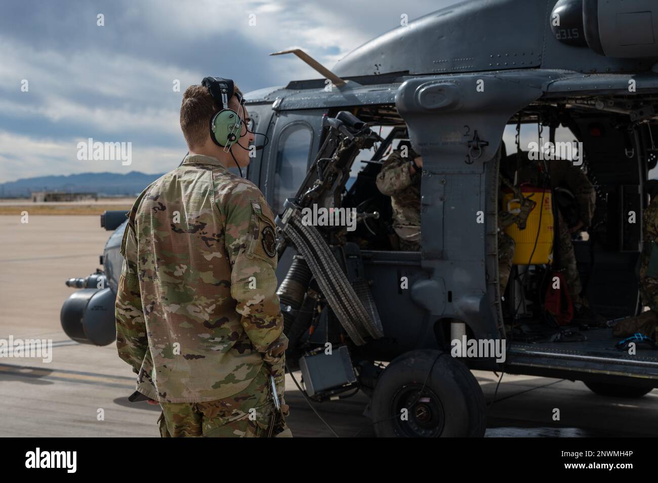 A U.S. Airman assigned to the 55th Rescue Generation Squadron prepares ...