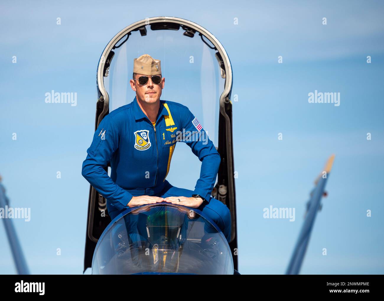 Cmdr. Alex Armatas, commanding officer and flight leader of the U.S. Navy Flight Demonstration Squadron, the Blue Angels, exits his aircraft after landing at Naval Air Facility (NAF) El Centro. The Blue Angels are currently conducting winter training at NAF El Centro, California, in preparation for the upcoming 2023 air show season. Stock Photo