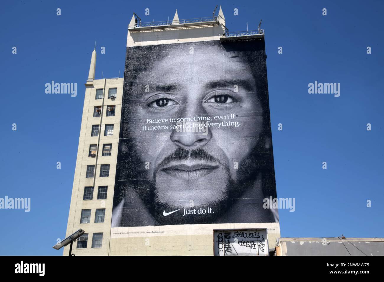General overall view of Nike ad featuring former San Francisco 49ers quarterback Colin Kaepernick to commemorate the 30th anniversary of the Just Do It campaign on the side of building on W
