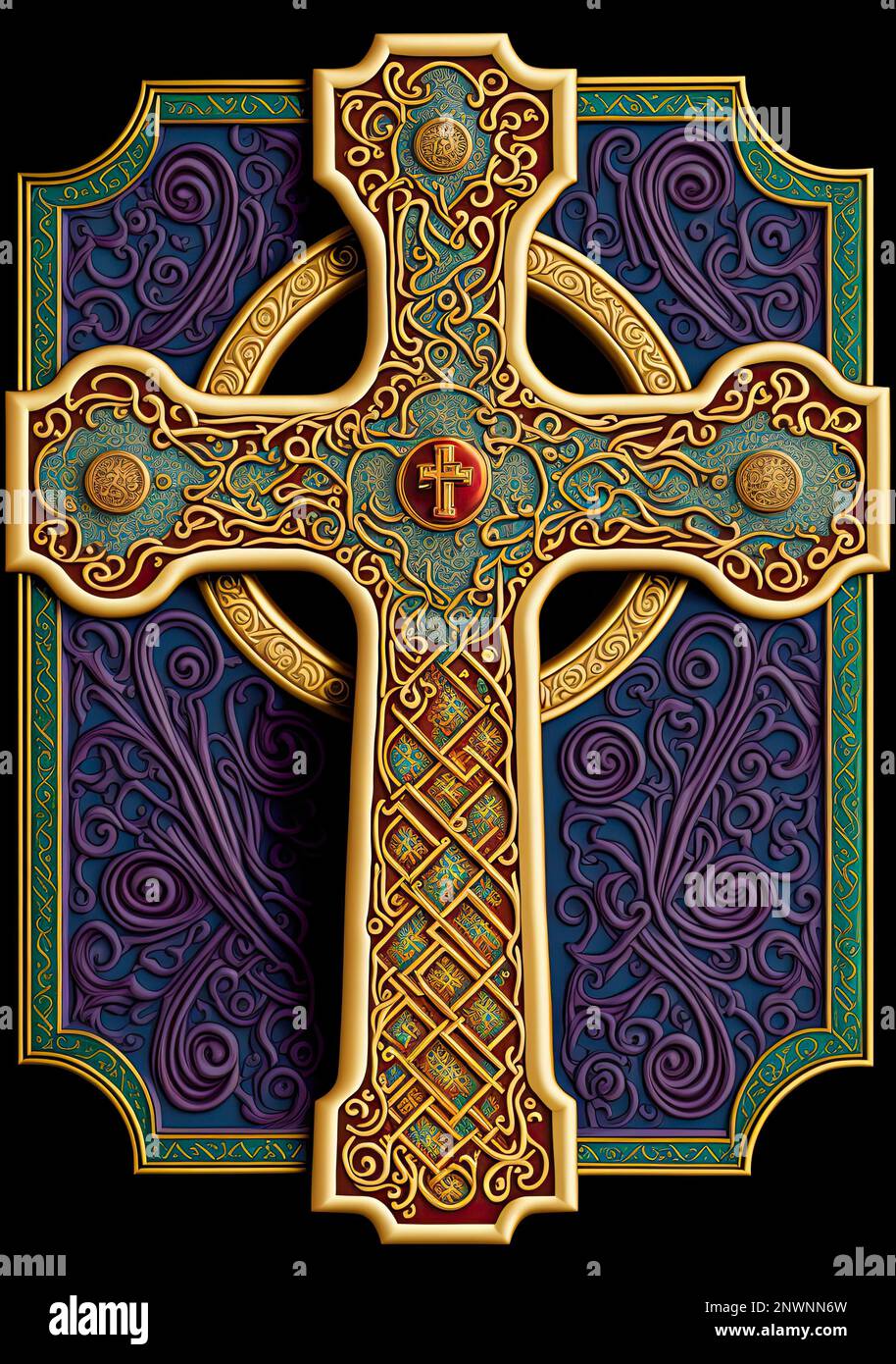 Celtic cross, illuminated manuscript style. Generative AI Stock Photo