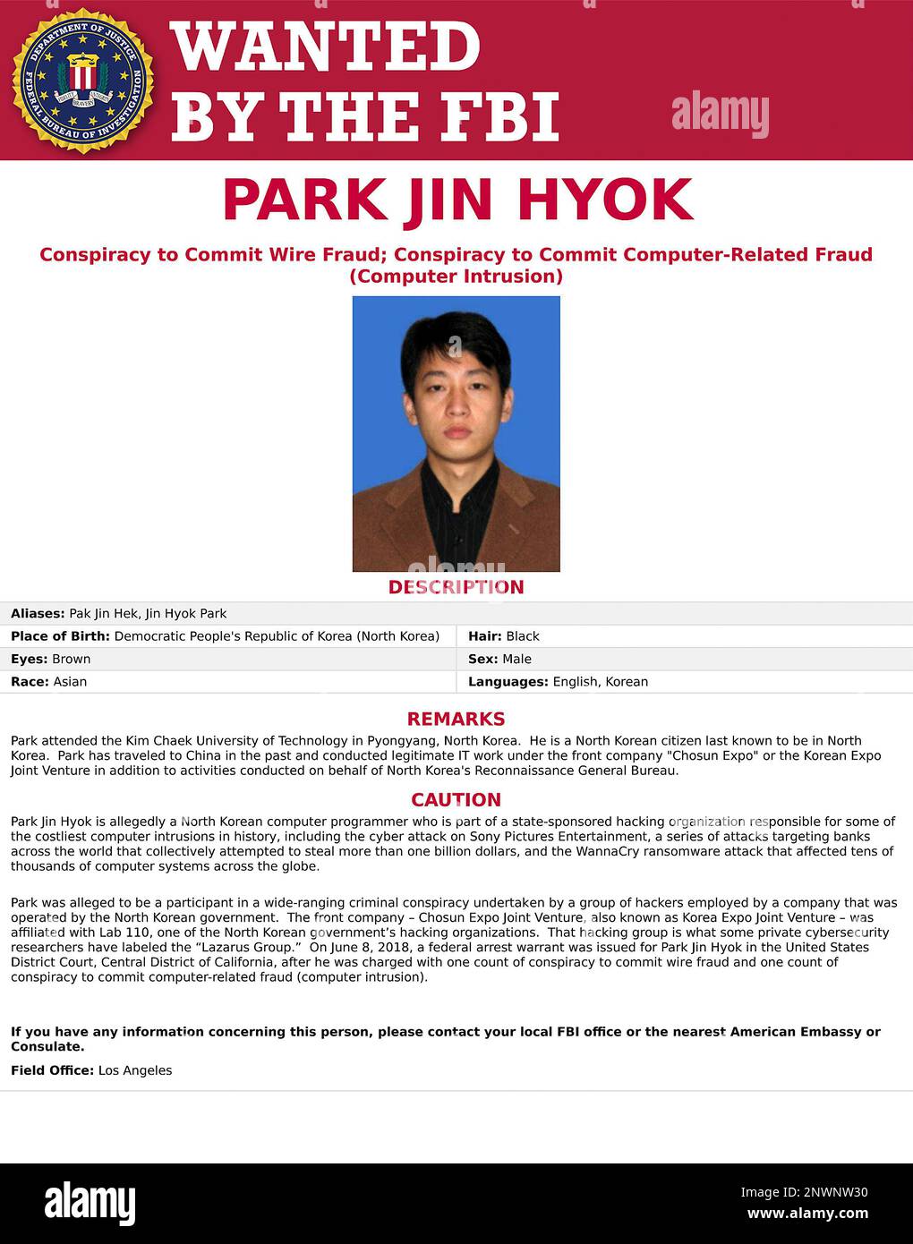 Wanted Poster For Ransomware This wanted poster released by the FBI shows a photo of Park Jin Hyok ...