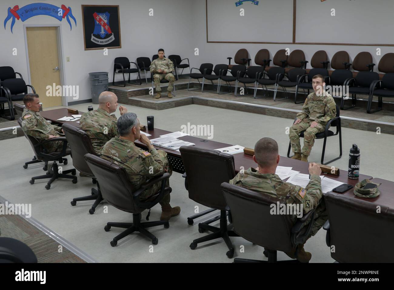 Bastogne Soldiers and NCOs competed in the 1 BCT Soldier and NCO of the Quarter  Board February 8, 2023. Stock Photo