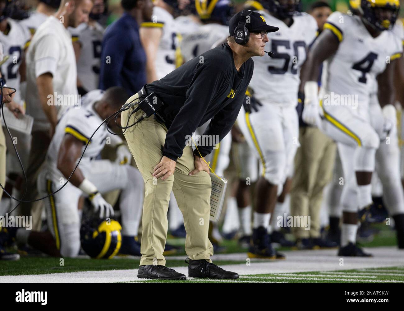 September 01, 2018: Michigan head coach Jim Harbaugh during NCAA football  game action between the Michigan Wolverines and the Notre Dame Fighting  Irish at Notre Dame Stadium in South Bend, Indiana. Notre