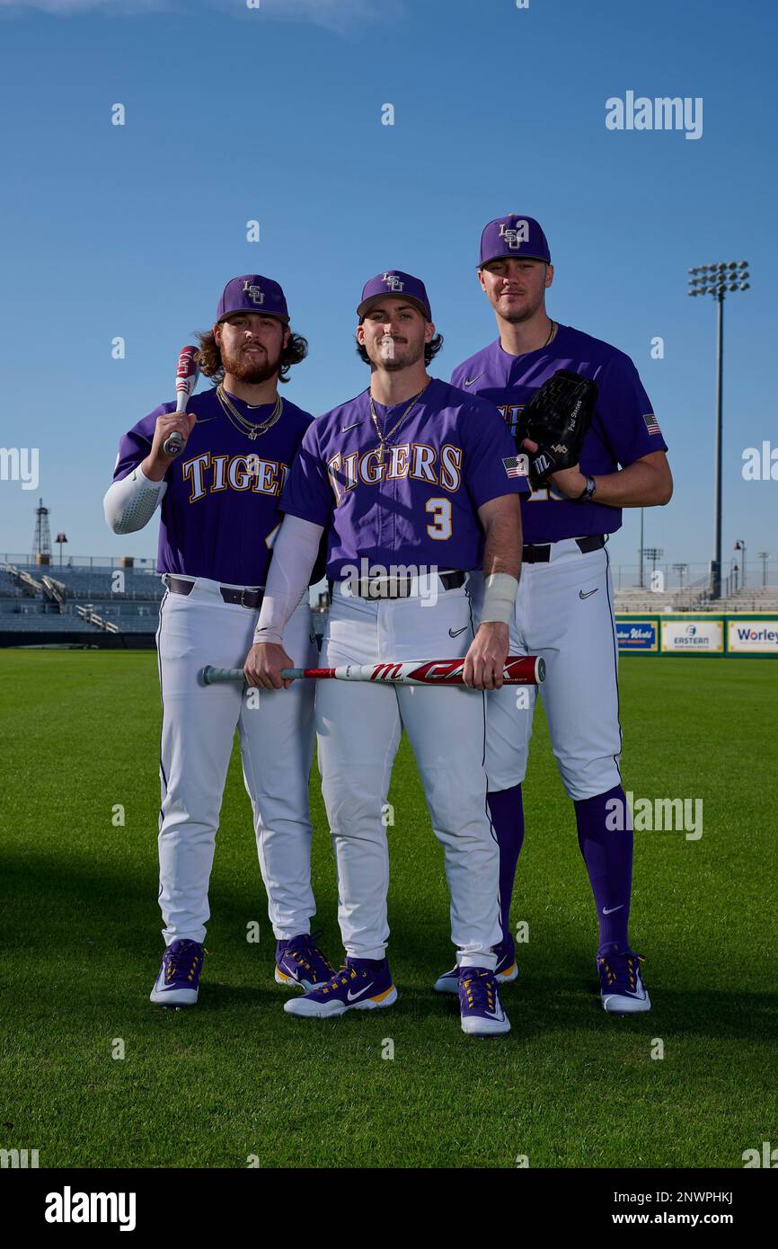 LSU Tigers Tommy White (47), Paul Skenes (20), and Dylan Crews (3) pose for a photo on January 12, 2023 at Alex Box Stadium in Baton Rouge, Louisiana. (Mike Janes/Four Seam Images) Stock Photo