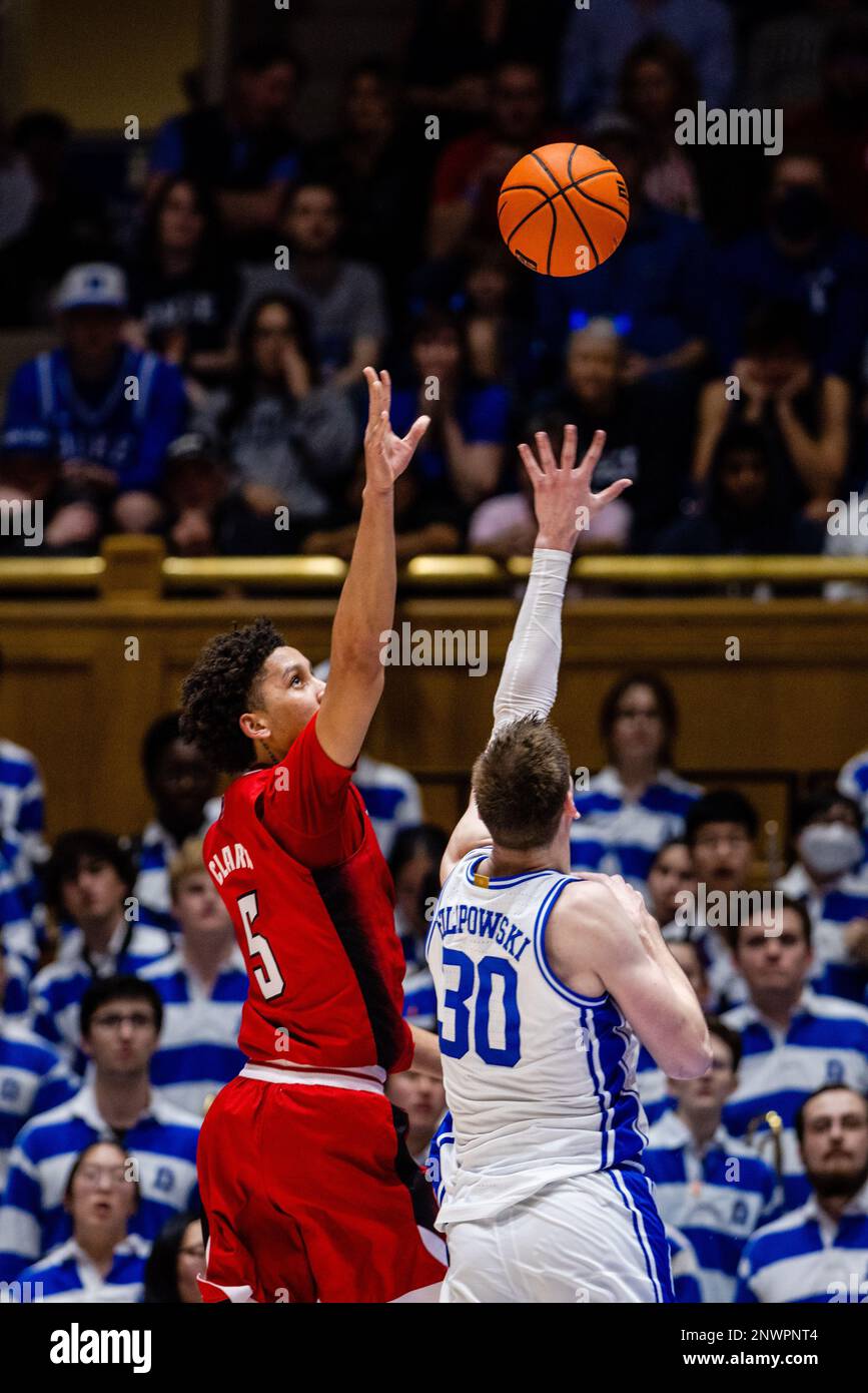 February 28, 2023: North Carolina State Wolfpack guard Jack Clark (5)  shoots over Duke Blue Devils center Kyle Filipowski (30) during the second  half of the ACC basketball matchup at Cameron Indoor