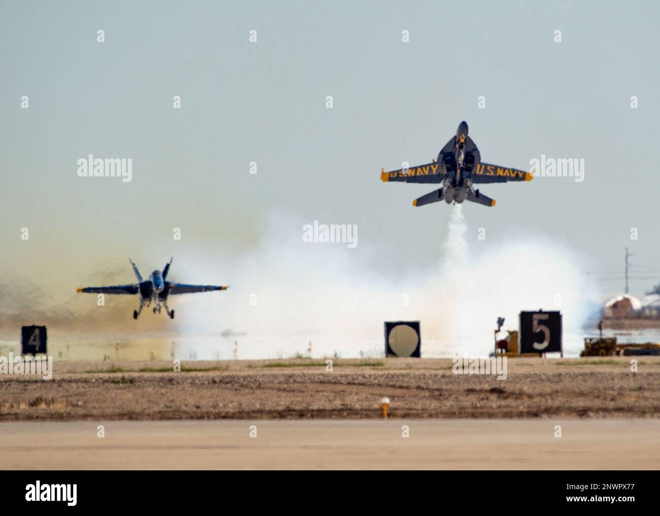 230122-N-TV337-1309 EL CENTRO, Calif. (Jan. 22, 2023) U.S. Navy Flight Demonstration Squadron, the Blue Angels, take off during a training flight over Naval Air Facility (NAF) El Centro. The Blue Angels are currently conducting winter training at NAF El Centro, California, in preparation for the upcoming 2023 air show season. Stock Photo