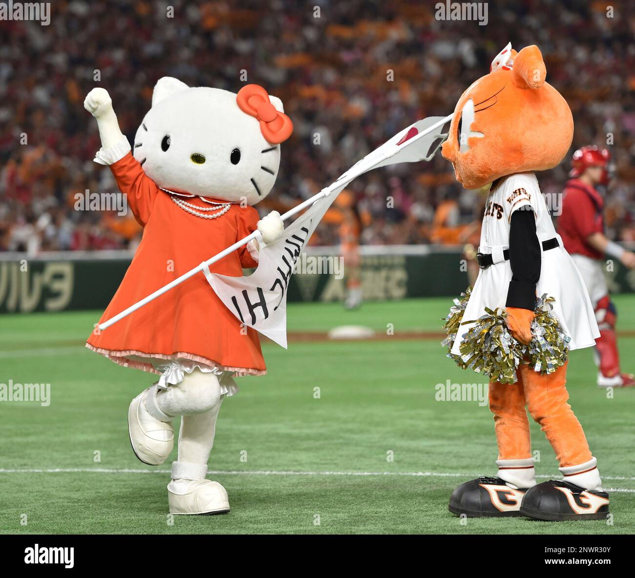 Hello Kitty appears Tokyo Dome, a ball park, in Tokyo during a match  between Tokyo Yomiuri Giants and Hiroshima Carp on Aug.29, 2018.Kitty is a  supporter of Hellosmile Project, a campaign to