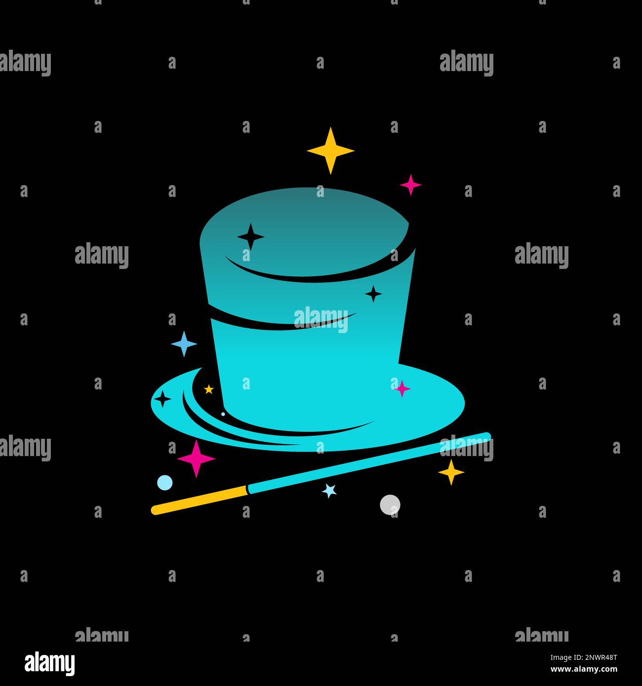 Simple and unique hat and magic wand with many stars image graphic icon