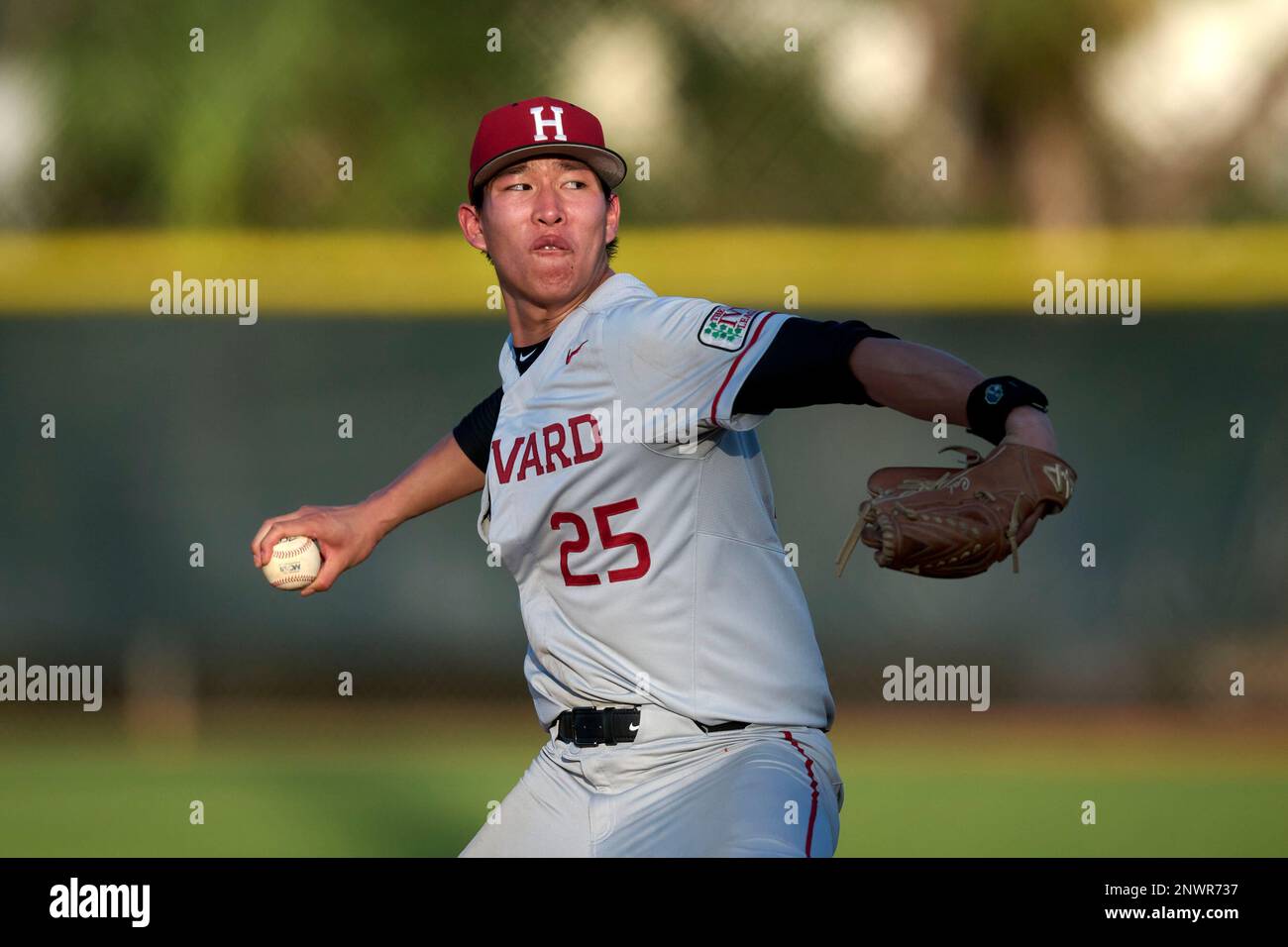 Harvard Crimson pitcher Callan Fang (25) during an NCAA baseball game  against the Pittsburgh Panthers on February 25, 2023 at Centennial Park in  Port Charlotte, Florida. (Mike Janes/Four Seam Images via AP