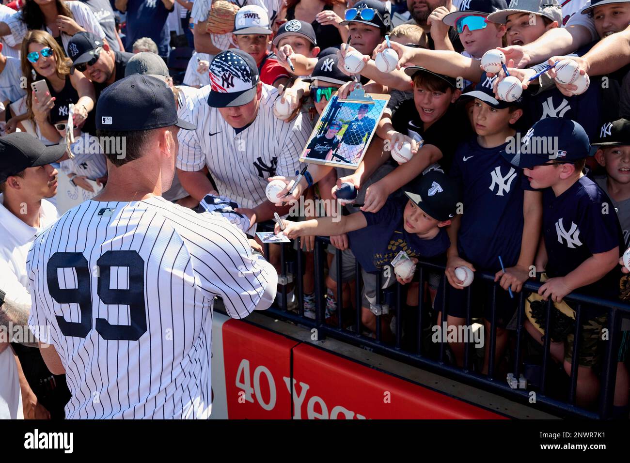 New York Yankees Aaron Judge (99) signs autographs before a spring training  baseball game against the Atlanta Braves on February 26, 2023 at George M.  Steinbrenner Field in Tampa, Florida. (Mike Janes/Four