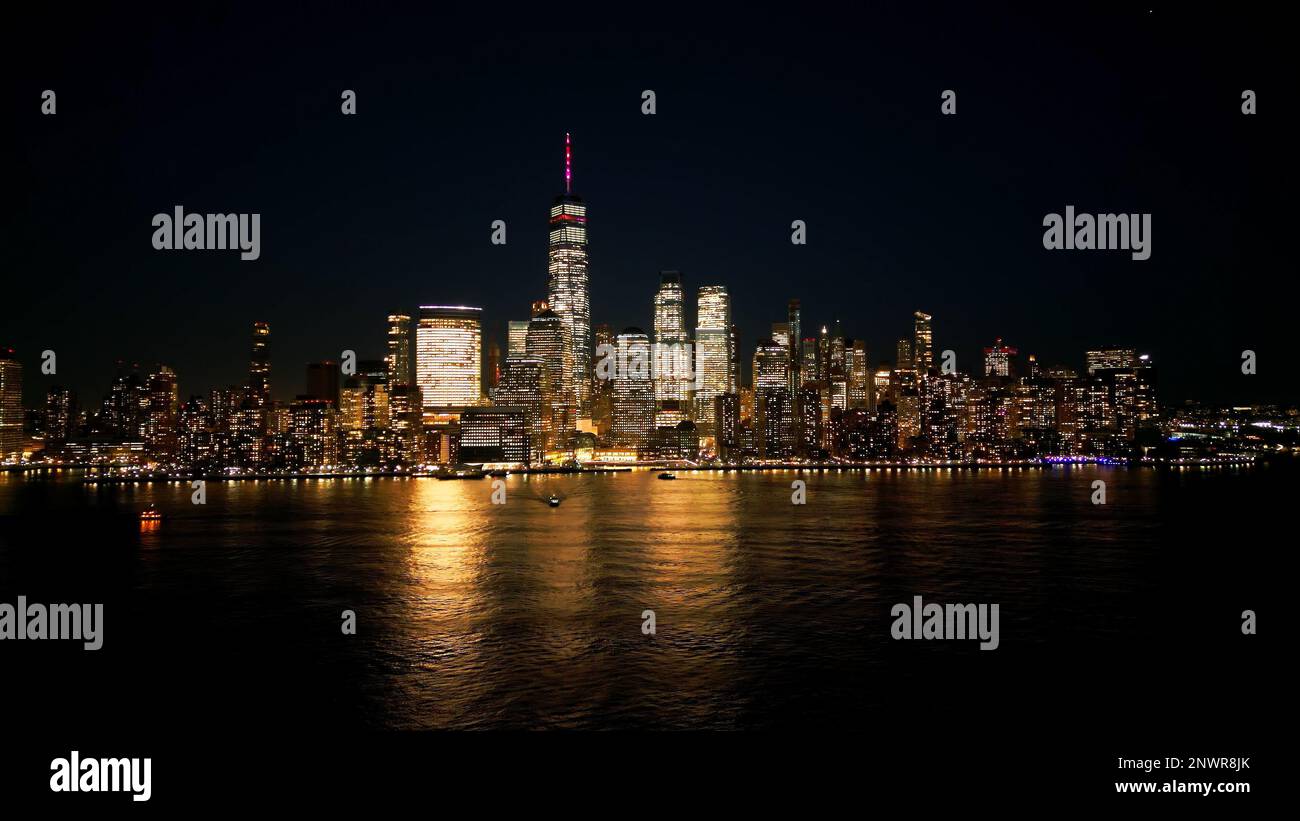 Aerial view over the skyline of Manhattan New York City at night Stock ...