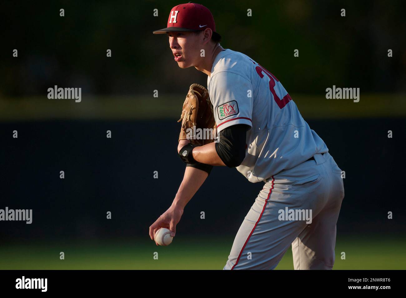 Harvard Crimson pitcher Callan Fang (25) during an NCAA baseball game  against the Pittsburgh Panthers on February 25, 2023 at Centennial Park in  Port Charlotte, Florida. (Mike Janes/Four Seam Images via AP