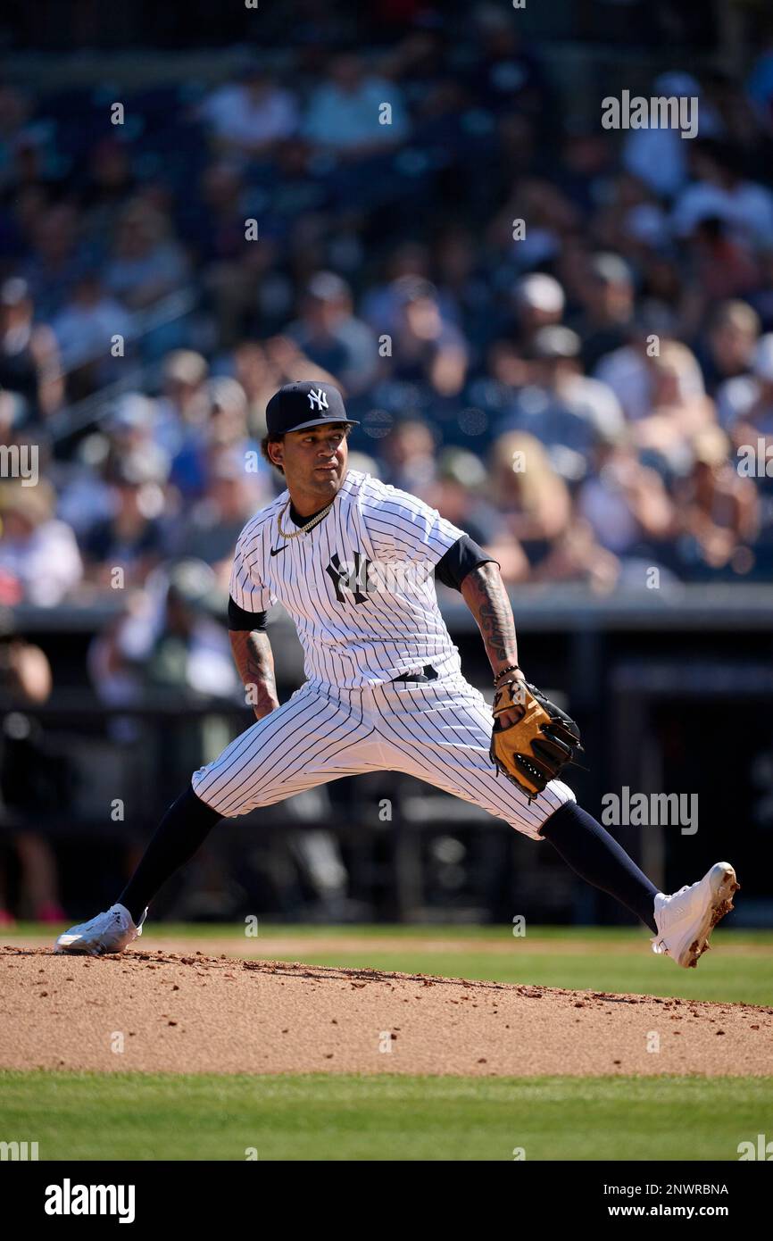 New York Yankees pitcher Deivi Garcia (83) during a spring training  baseball game against the Atlanta Braves on February 26, 2023 at George M.  Steinbrenner Field in Tampa, Florida. (Mike Janes/Four Seam