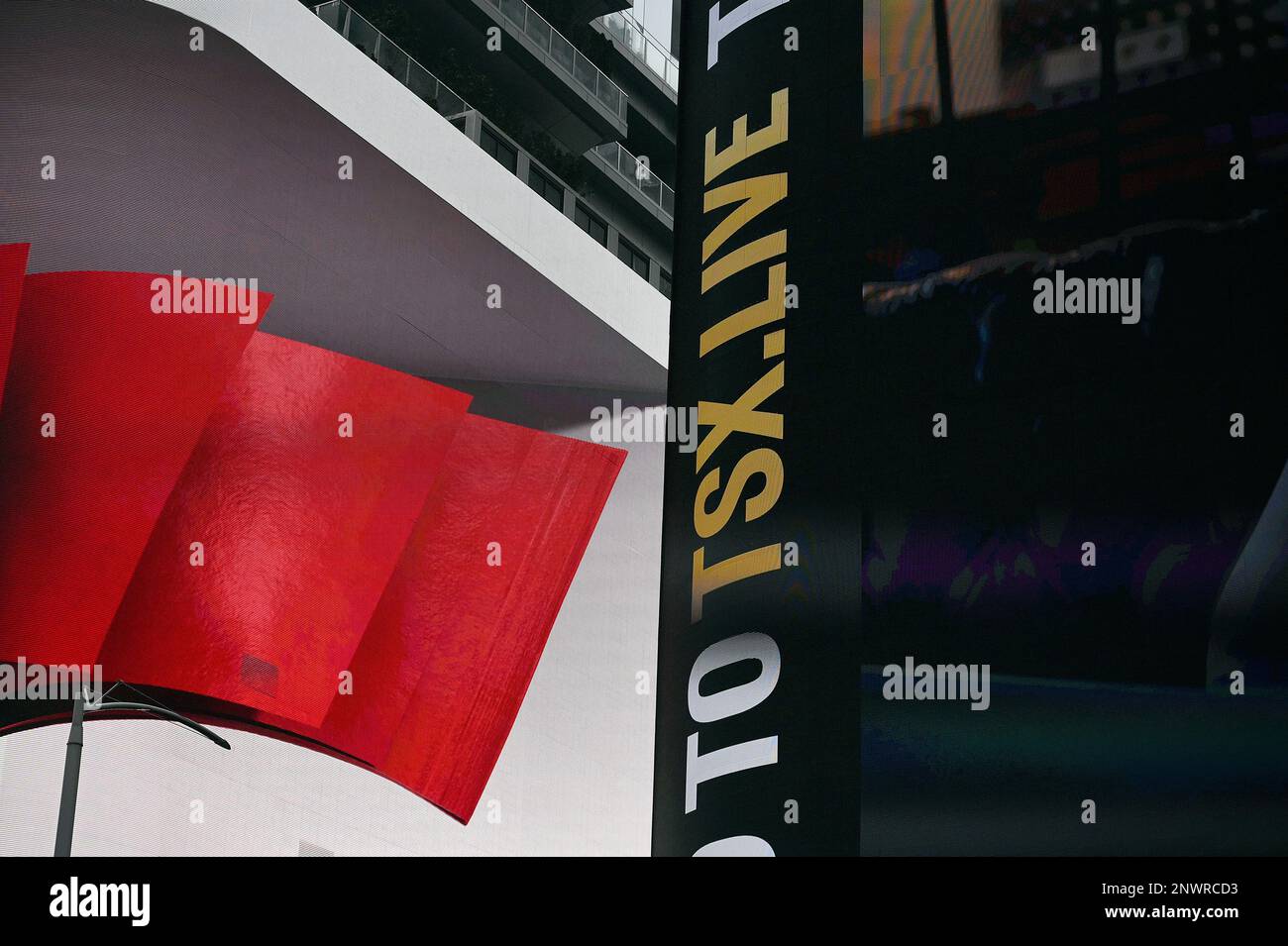 New York, USA. 28th Feb, 2023. View of the TSX 18,000squarefoot LED