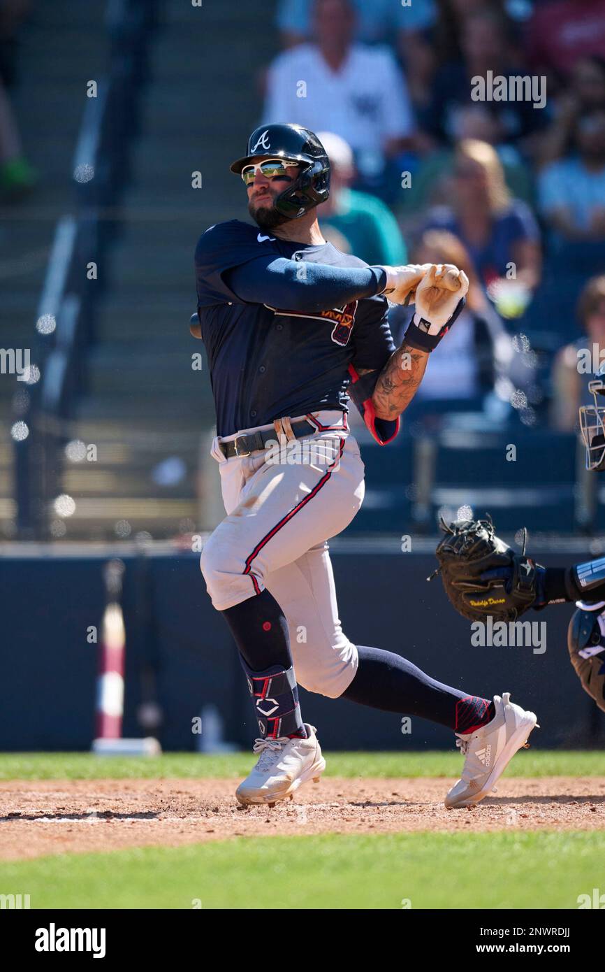 Atlanta Braves Kevin Pillar (17) bats during a spring training baseball  game against the New York Yankees on February 26, 2023 at George M.  Steinbrenner Field in Tampa, Florida. (Mike Janes/Four Seam