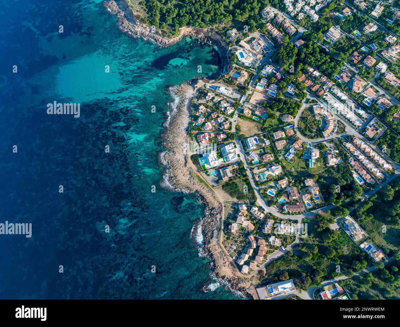 Aerial view, Colonia de Sant Pere near Betlem, Cap Ferrutx, Region Arta, Mallorca, Balearic Islands, Spain Stock Photo