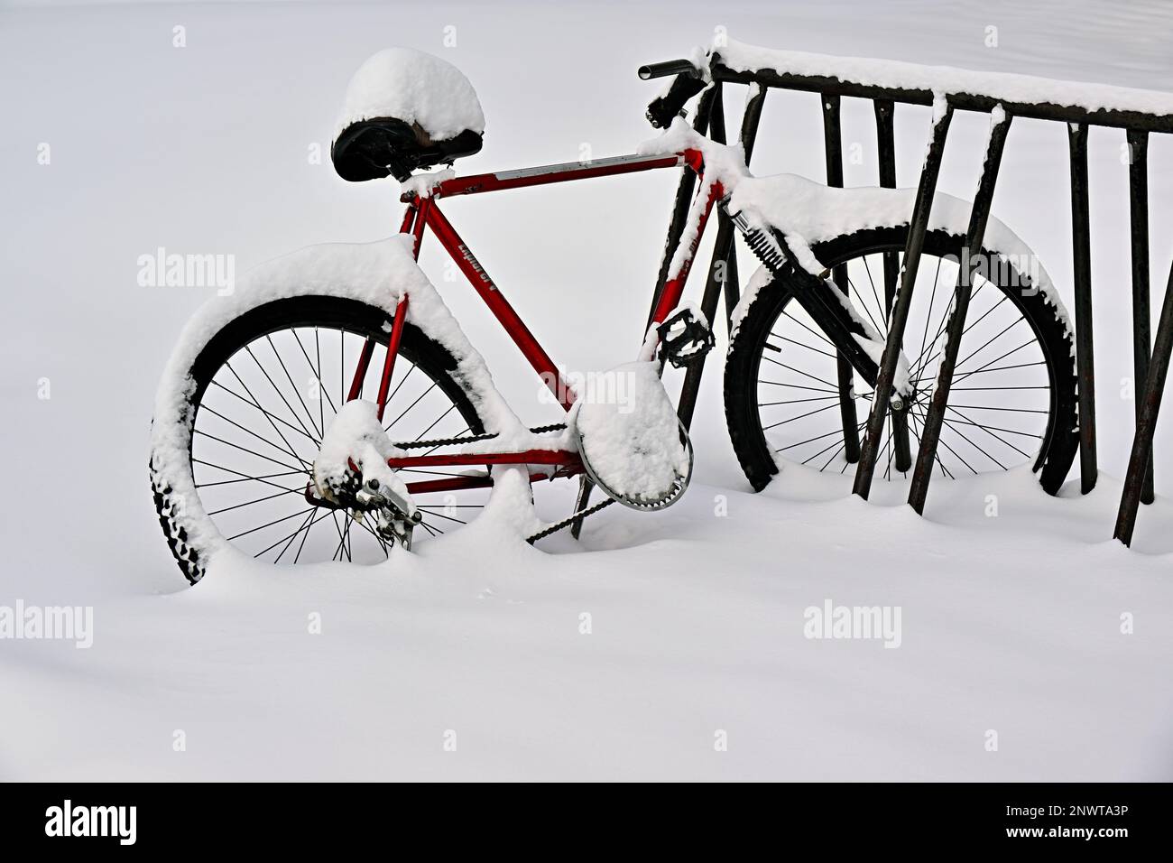 A mountain bicycle stored in a storage area covered with the fresh snow of winter in rural Alberta Canada. Stock Photo