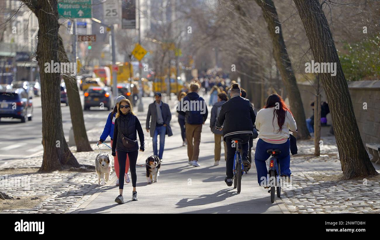 Walking on 5th Avenue Central Park East in New York - NEW YORK CITY, USA - FEBRUARY 14, 2023 Stock Photo