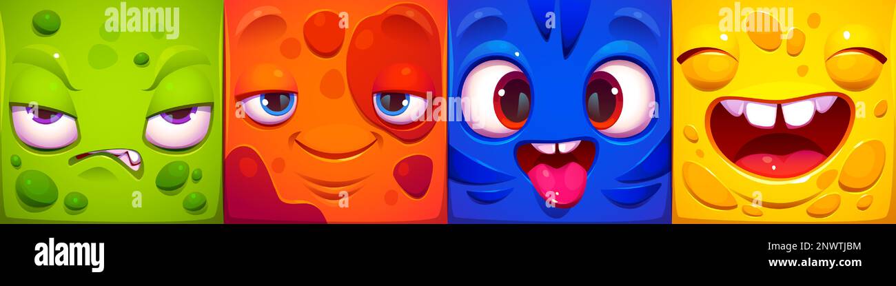 Funny square faces of cartoon monster characters. Abstract avatars with different emotions. Cute comic portraits of angry, happy, crazy and laughing people, vector illustration Stock Vector