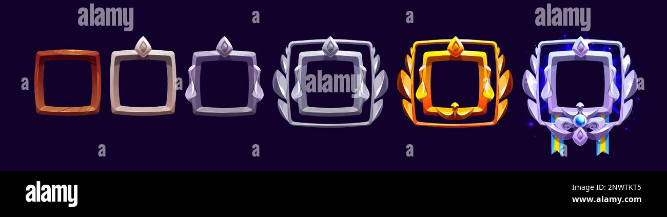 Cartoon set of square game rang badges with wood, stone, silver and ...